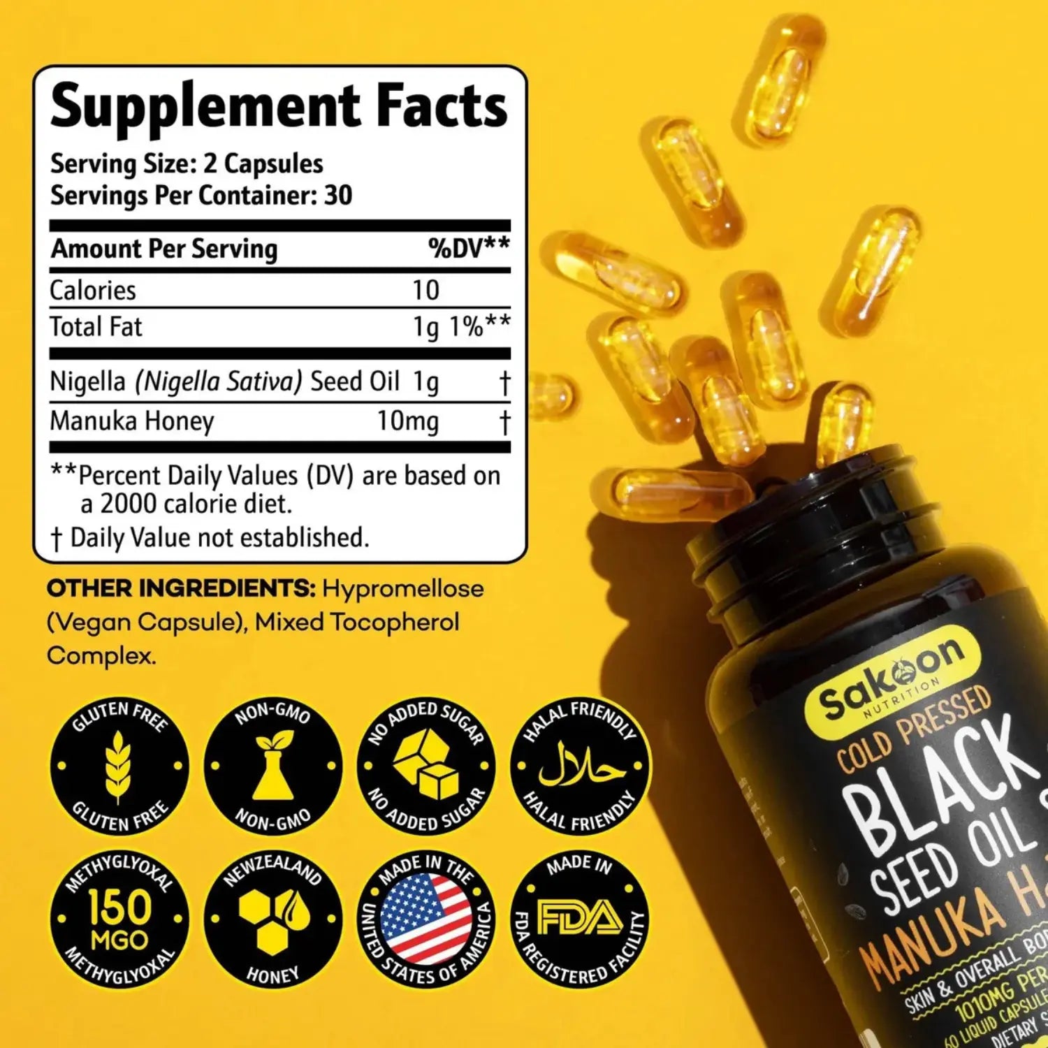Sakoon aceite de semilla negra y miel Manuka 60 Capsulas sfn