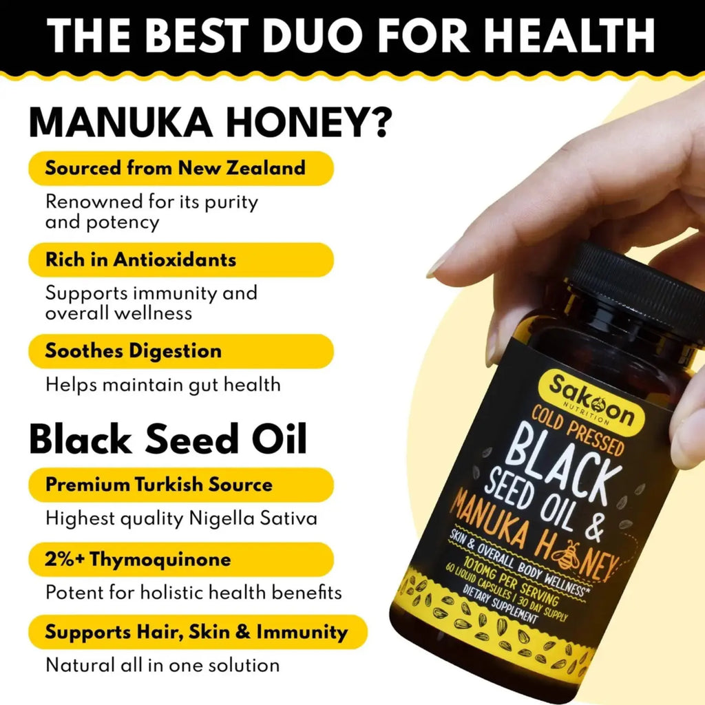 Sakoon aceite de semilla negra y miel Manuka 60 Capsulas sfn