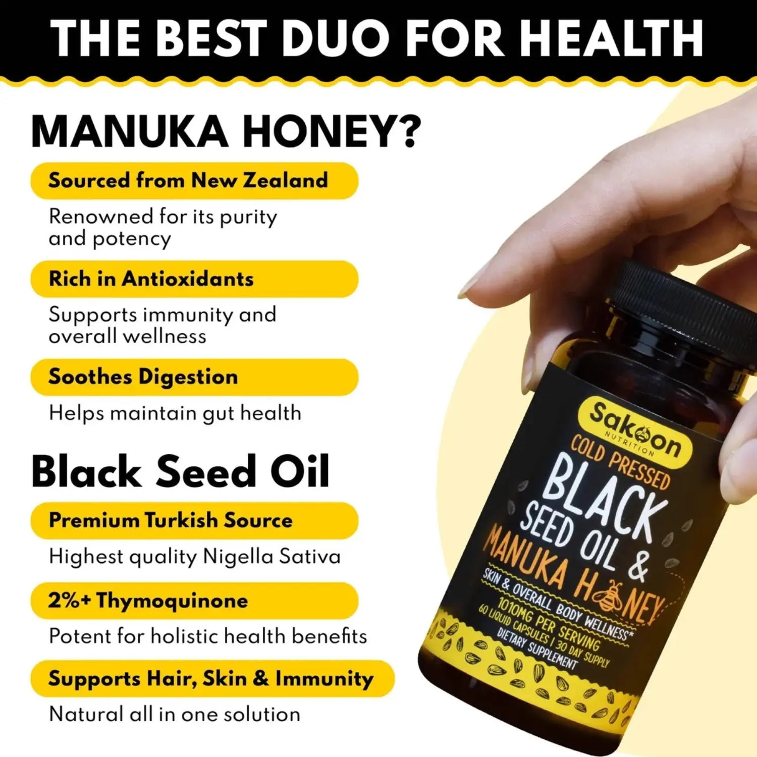 Sakoon aceite de semilla negra y miel Manuka 60 Capsulas sfn