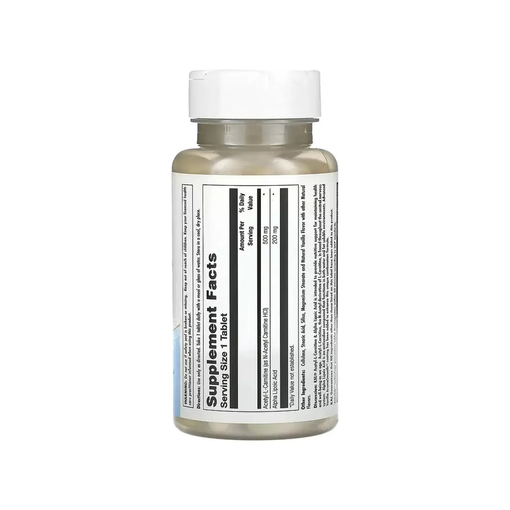 KAL Acetil-L-Carnitina 500 mg + Ácido Alfa Lipoico 200 mg, Apoyo Antioxidante, 60 Tabletas