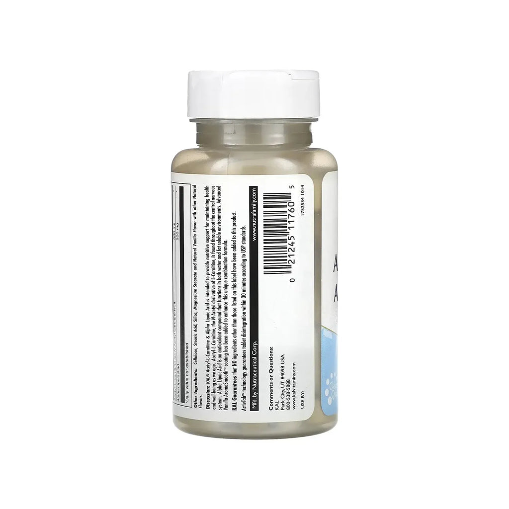 KAL Acetil-L-Carnitina 500 mg + Ácido Alfa Lipoico 200 mg, Apoyo Antioxidante, 60 Tabletas