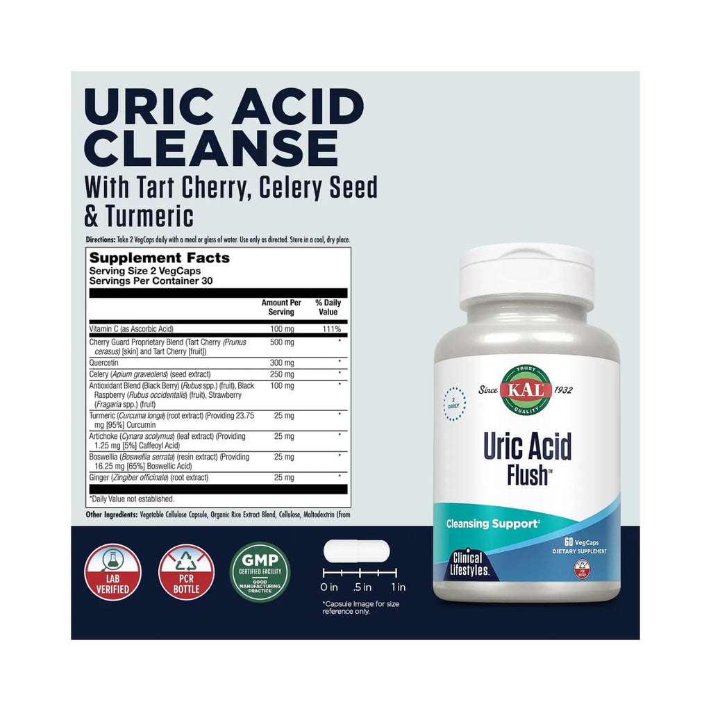 KAL Uric Acid Flush™ | Cereza Ácida, Quercetina y Semilla de Apio | Apoyo al Ácido Úrico y Confort Articular | 60 Cápsulas
