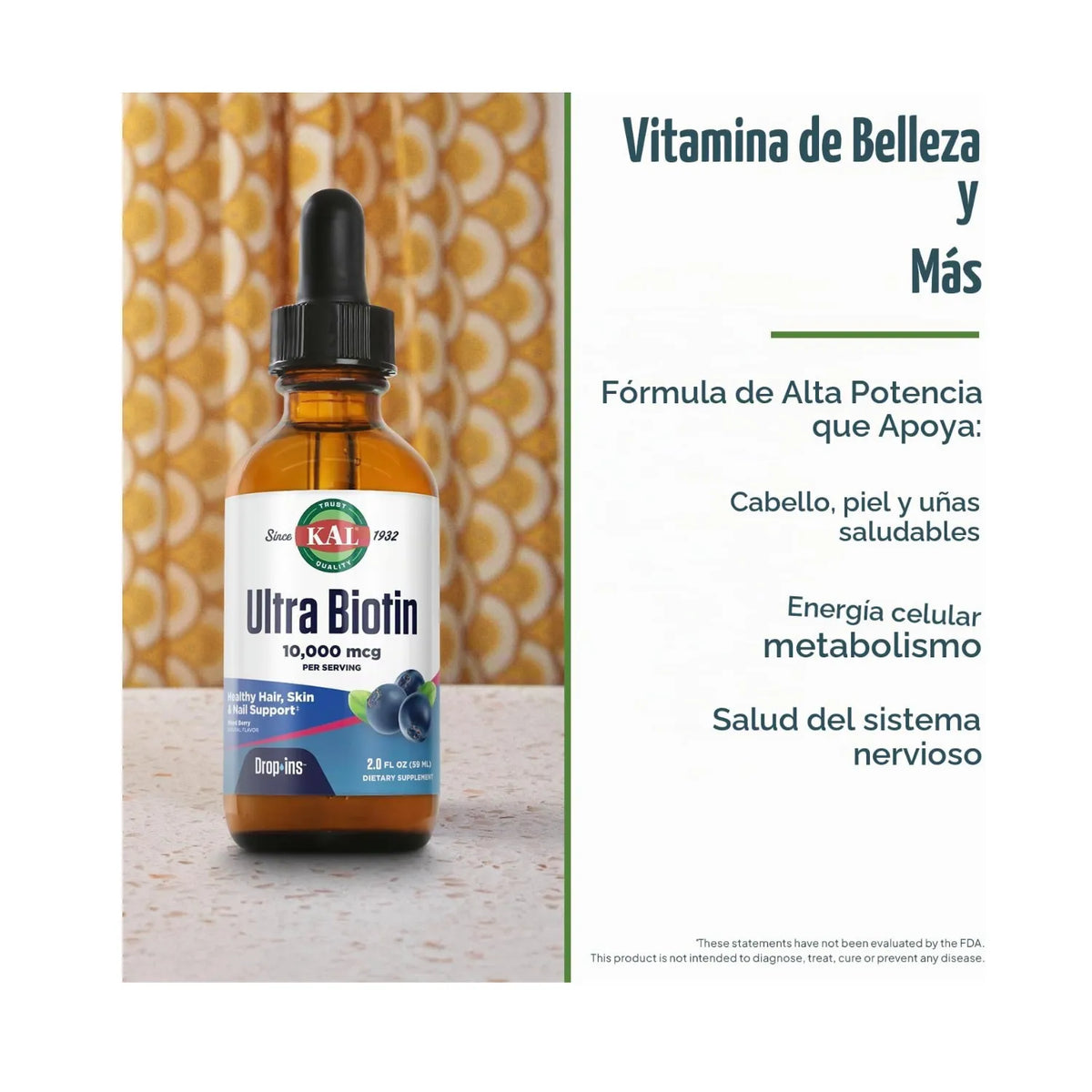 KAL Ultra Biotin DropIns 10,000 mcg | Biotina Líquida para Cabello, Piel y Uñas | Mixed Berry | 59 mL