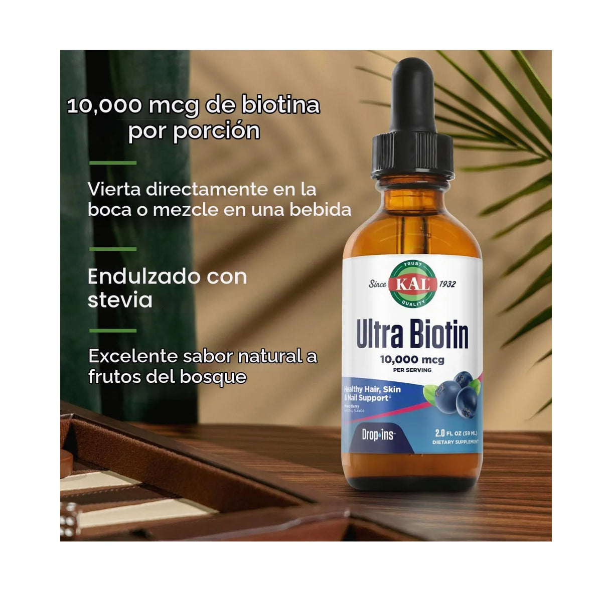 KAL Ultra Biotin DropIns 10,000 mcg | Biotina Líquida para Cabello, Piel y Uñas | Mixed Berry | 59 mL