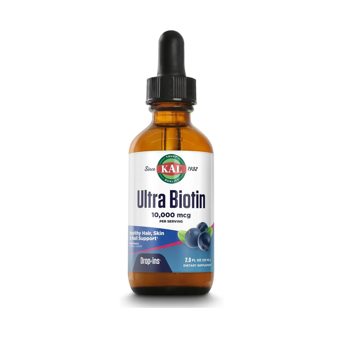 KAL Ultra Biotin DropIns 10,000 mcg | Biotina Líquida para Cabello, Piel y Uñas | Mixed Berry | 59 mL