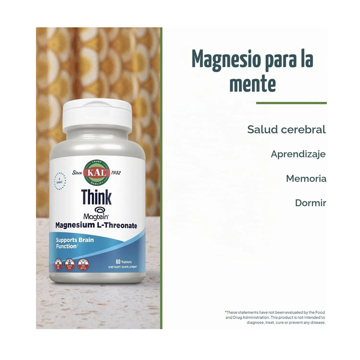 KAL Think Magtein® Magnesium L-Threonate 200mg | Apoyo Cerebral, Memoria y Aprendizaje | 60 Tabletas