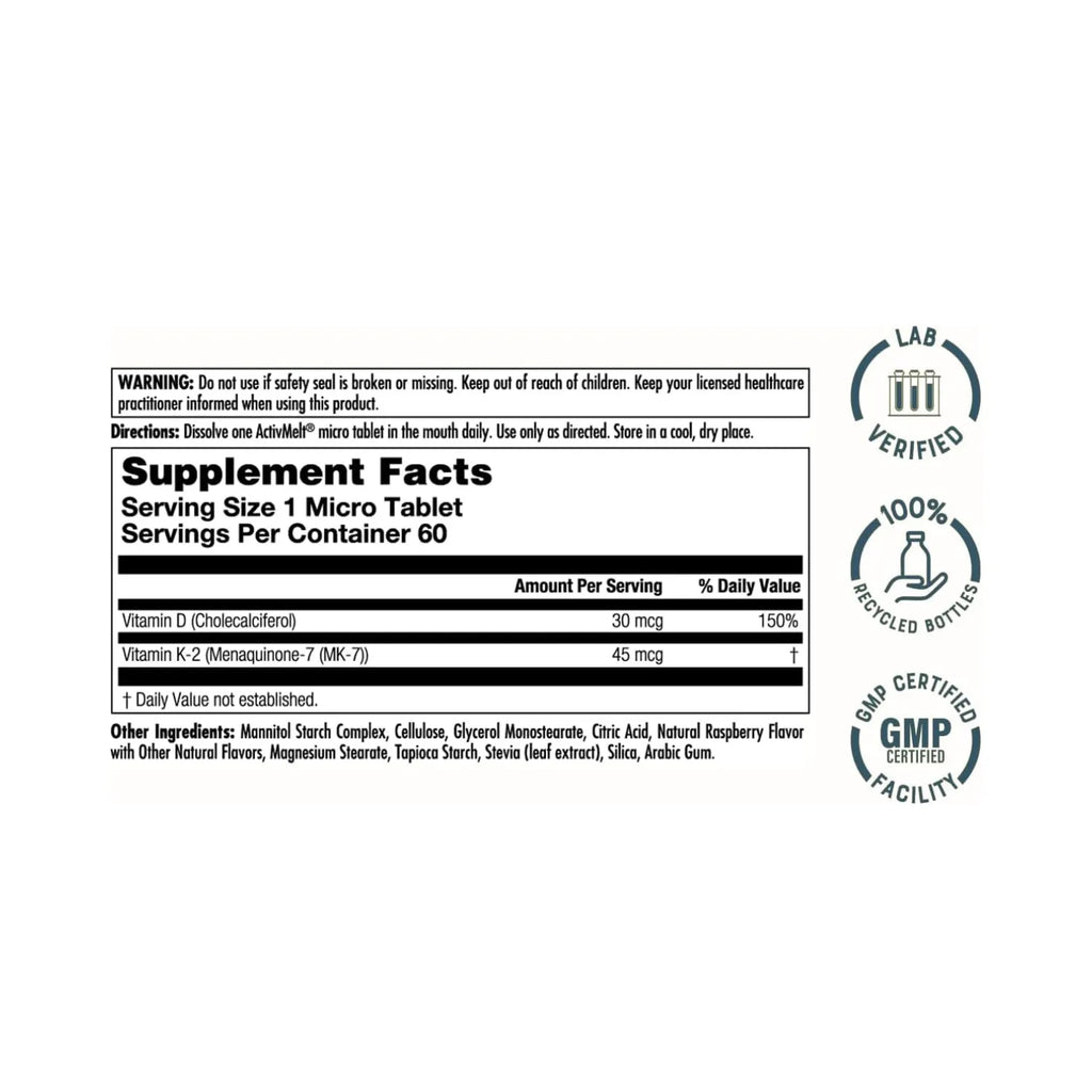 KAL D-3 K-2 ActivMelt | Vitamina D3 30 mcg + K2 MK-7 45 mcg | Apoyo Óseo e Inmunológico | Frambuesa | 60 Microtabletas