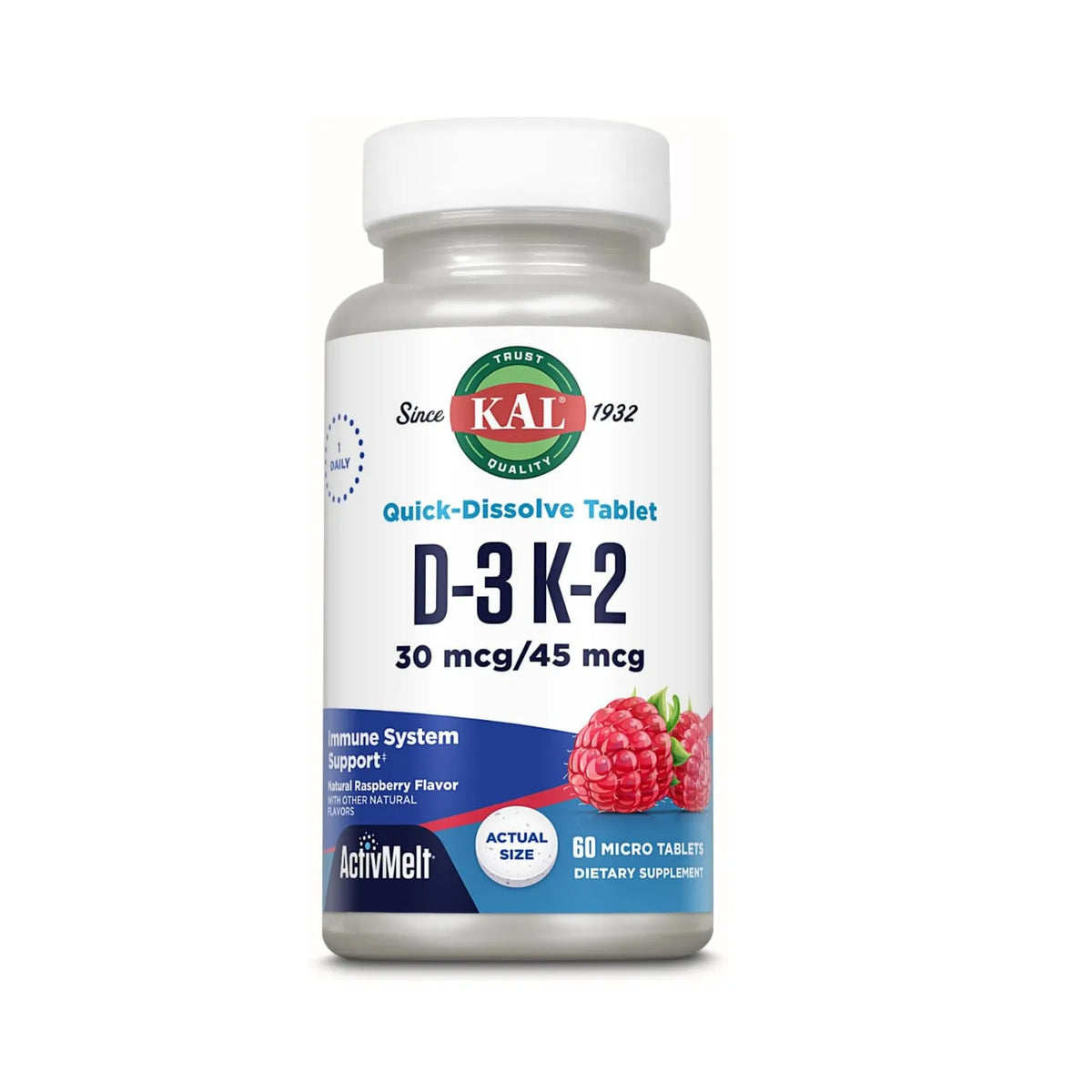 KAL D-3 K-2 ActivMelt | Vitamina D3 30 mcg + K2 MK-7 45 mcg | Apoyo Óseo e Inmunológico | Frambuesa | 60 Microtabletas