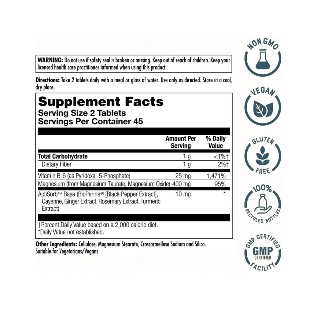 KAL Magnesium Taurate+ 400 mg | Magnesio Taurato con Vitamina B6 | Apoyo Cardiovascular y Nervioso | 90 Tabletas