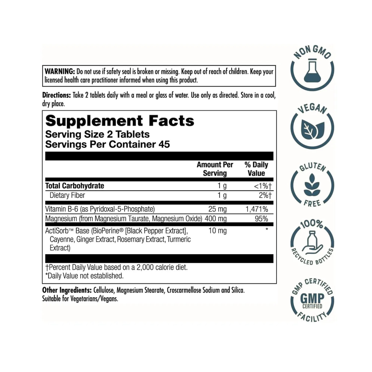 KAL Magnesium Taurate+ 400 mg | Magnesio Taurato con Vitamina B6 | Apoyo Cardiovascular y Nervioso | 90 Tabletas