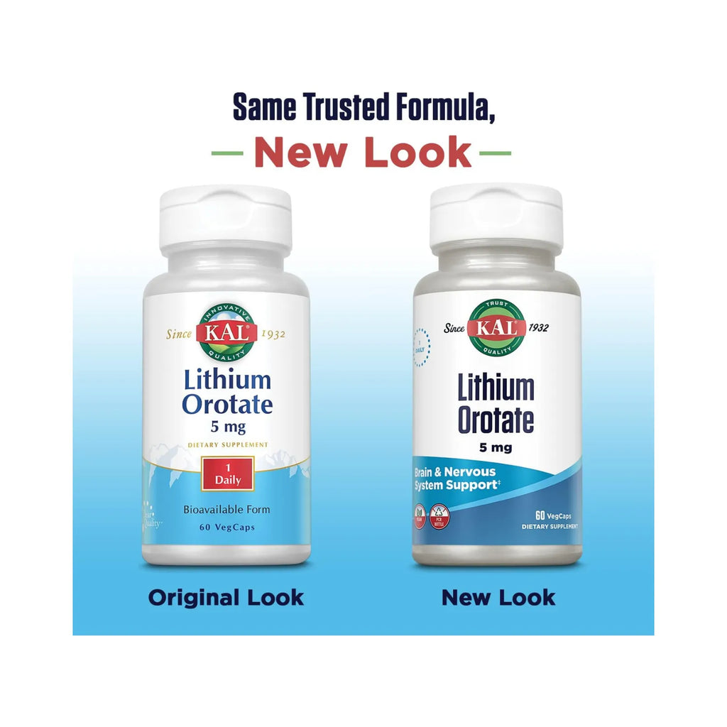 KAL Lithium Orotate 5 mg | Litio en Cápsulas Vegetales | Apoyo al Bienestar General | 60 VegCaps