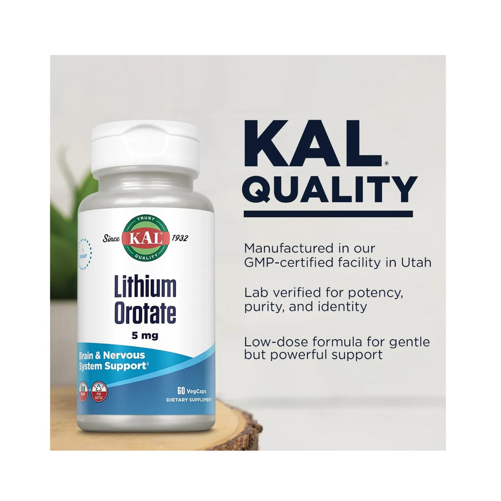 KAL Lithium Orotate 5 mg | Litio en Cápsulas Vegetales | Apoyo al Bienestar General | 60 VegCaps