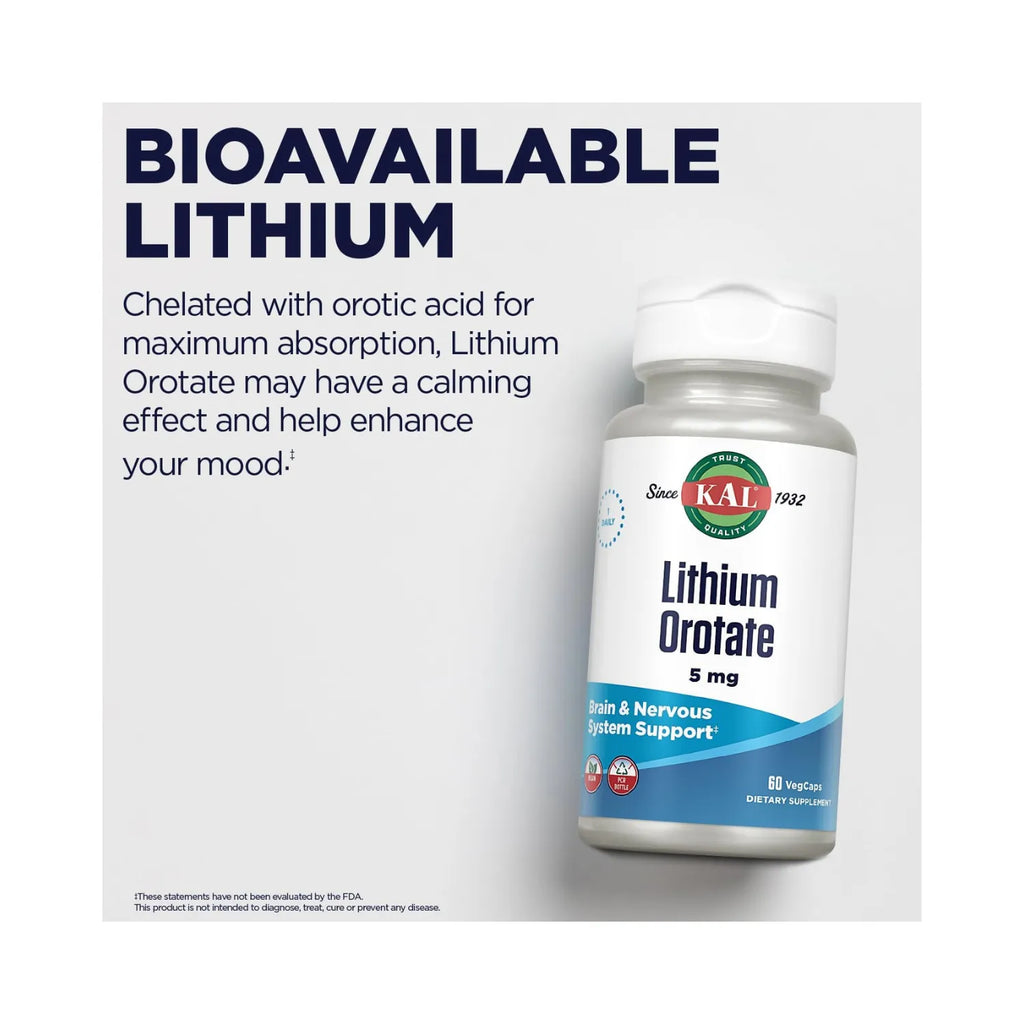 KAL Lithium Orotate 5 mg | Litio en Cápsulas Vegetales | Apoyo al Bienestar General | 60 VegCaps