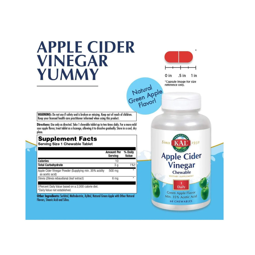 KAL Apple Cider Vinegar 500 mg | Vinagre de Sidra de Manzana | Apoyo Digestivo y Bienestar General | Manzana Verde | 60 Tabletas Masticables