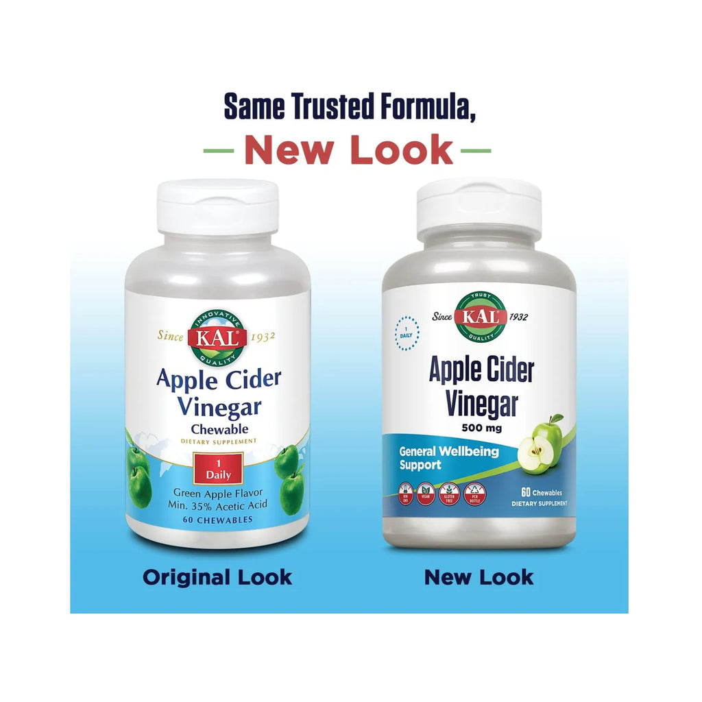 KAL Apple Cider Vinegar 500 mg | Vinagre de Sidra de Manzana | Apoyo Digestivo y Bienestar General | Manzana Verde | 60 Tabletas Masticables