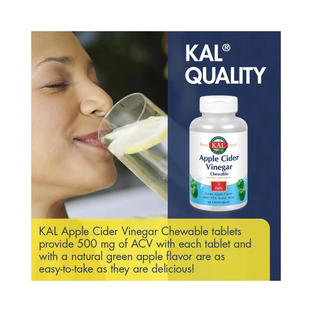 KAL Apple Cider Vinegar 500 mg | Vinagre de Sidra de Manzana | Apoyo Digestivo y Bienestar General | Manzana Verde | 60 Tabletas Masticables