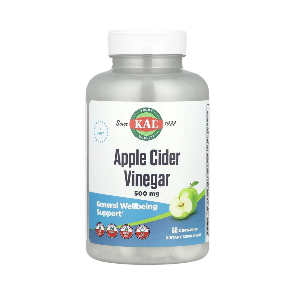 KAL Apple Cider Vinegar 500 mg | Vinagre de Sidra de Manzana | Apoyo Digestivo y Bienestar General | Manzana Verde | 60 Tabletas Masticables