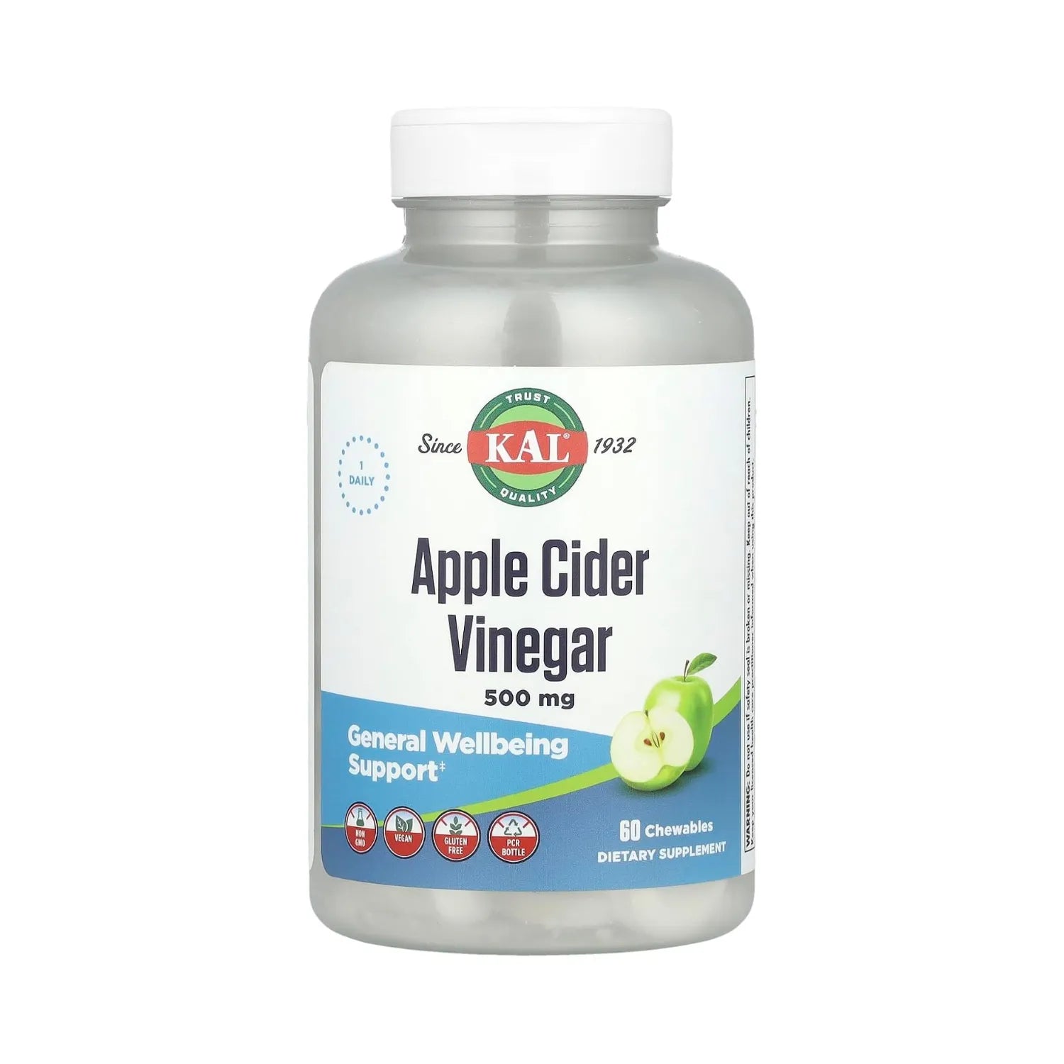 KAL Apple Cider Vinegar 500 mg | Vinagre de Sidra de Manzana | Apoyo Digestivo y Bienestar General | Manzana Verde | 60 Tabletas Masticables