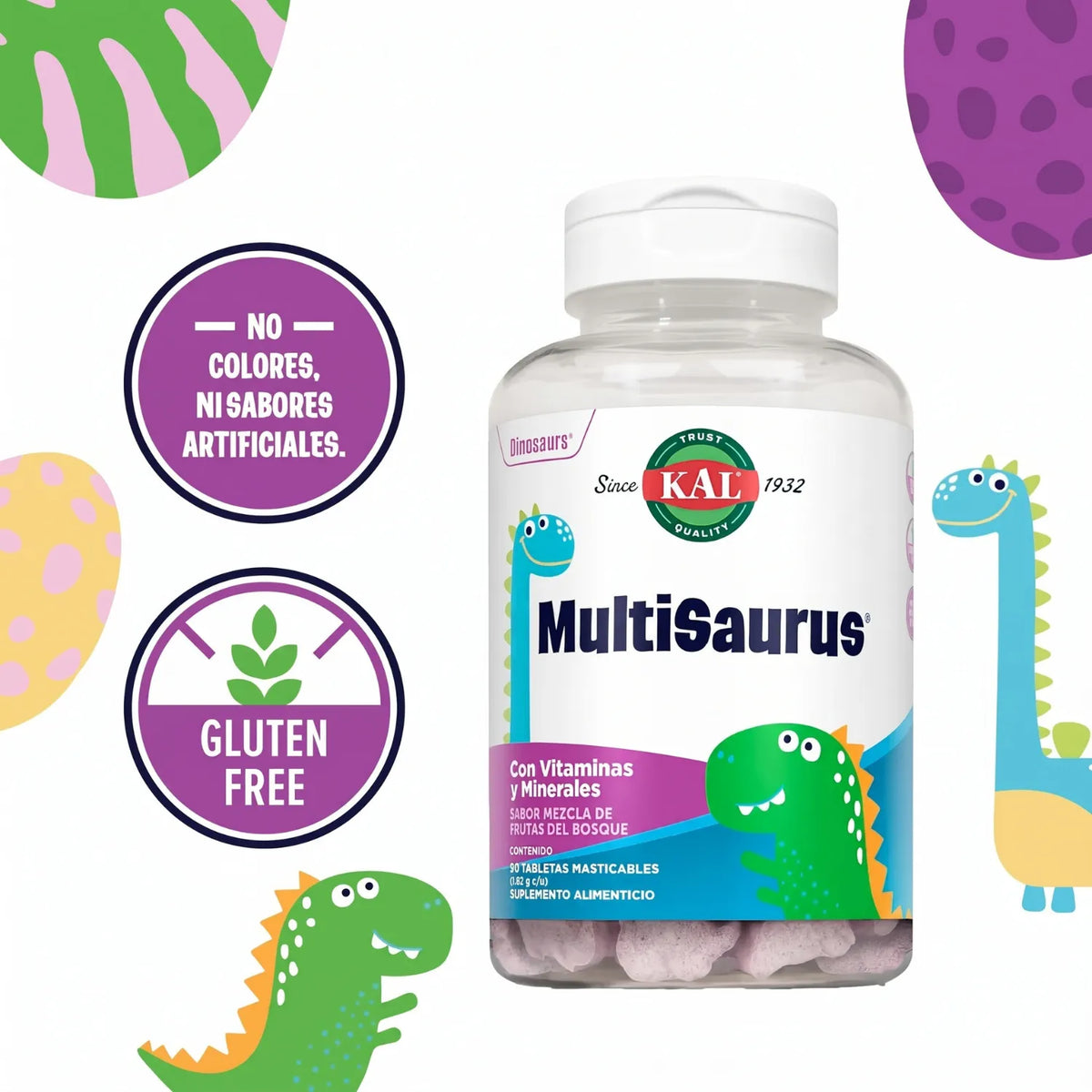 KAL MultiSaurus Vitaminas y Minerales para Niños Sabor Frutas del Bosque 90 Tabletas Masticables | 22 Vitaminas y Minerales | Con Vitaminas A, C, D3, E y Complejo B | Sin Gluten ni Fructosa | Suplemento alimenticio