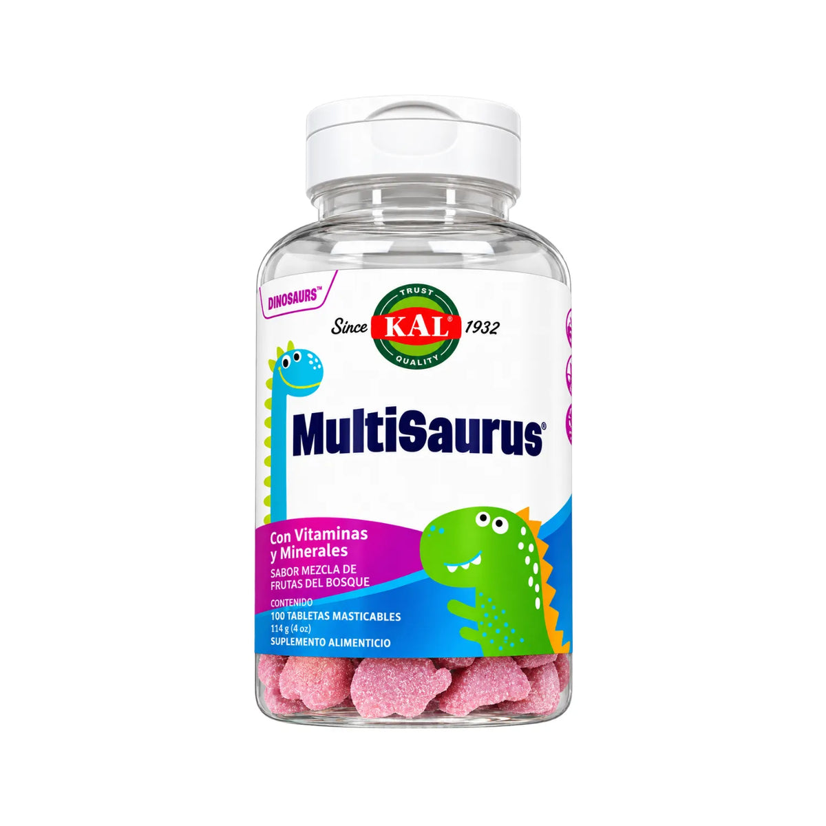 KAL MultiSaurus Vitaminas y Minerales para Niños Sabor Frutas del Bosque 90 Tabletas Masticables | 22 Vitaminas y Minerales | Con Vitaminas A, C, D3, E y Complejo B | Sin Gluten ni Fructosa | Suplemento alimenticio