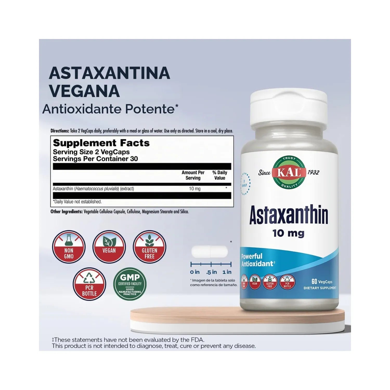 KAL Astaxanthin 10 mg | Astaxantina Natural de Haematococcus pluvialis | Antioxidante para Ojos y Piel | 60 VegCaps