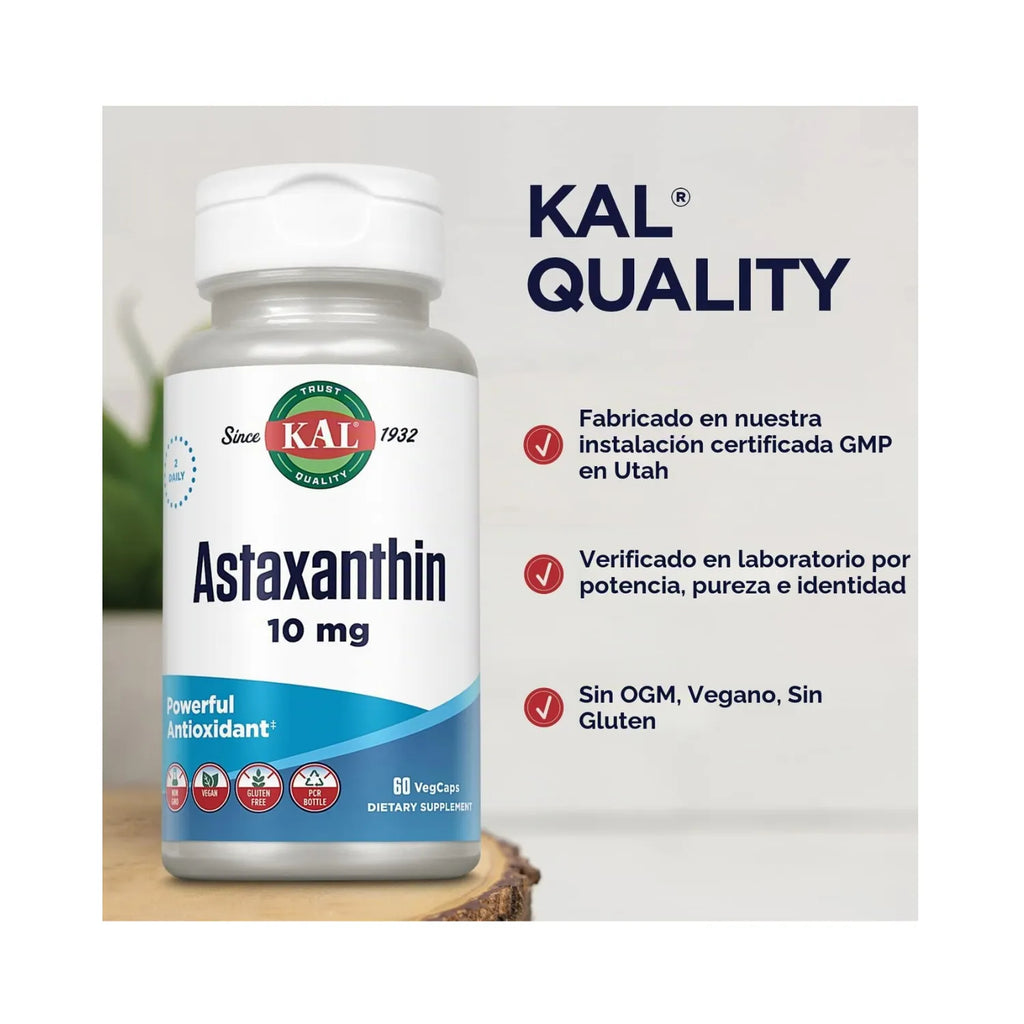 KAL Astaxanthin 10 mg | Astaxantina Natural de Haematococcus pluvialis | Antioxidante para Ojos y Piel | 60 VegCaps