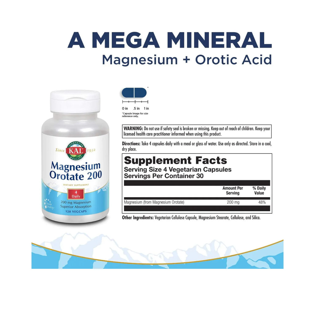 KAL Magnesium Orotate 200 mg | Magnesio para Apoyo Muscular, Nervioso y Óseo | 120 VegCaps