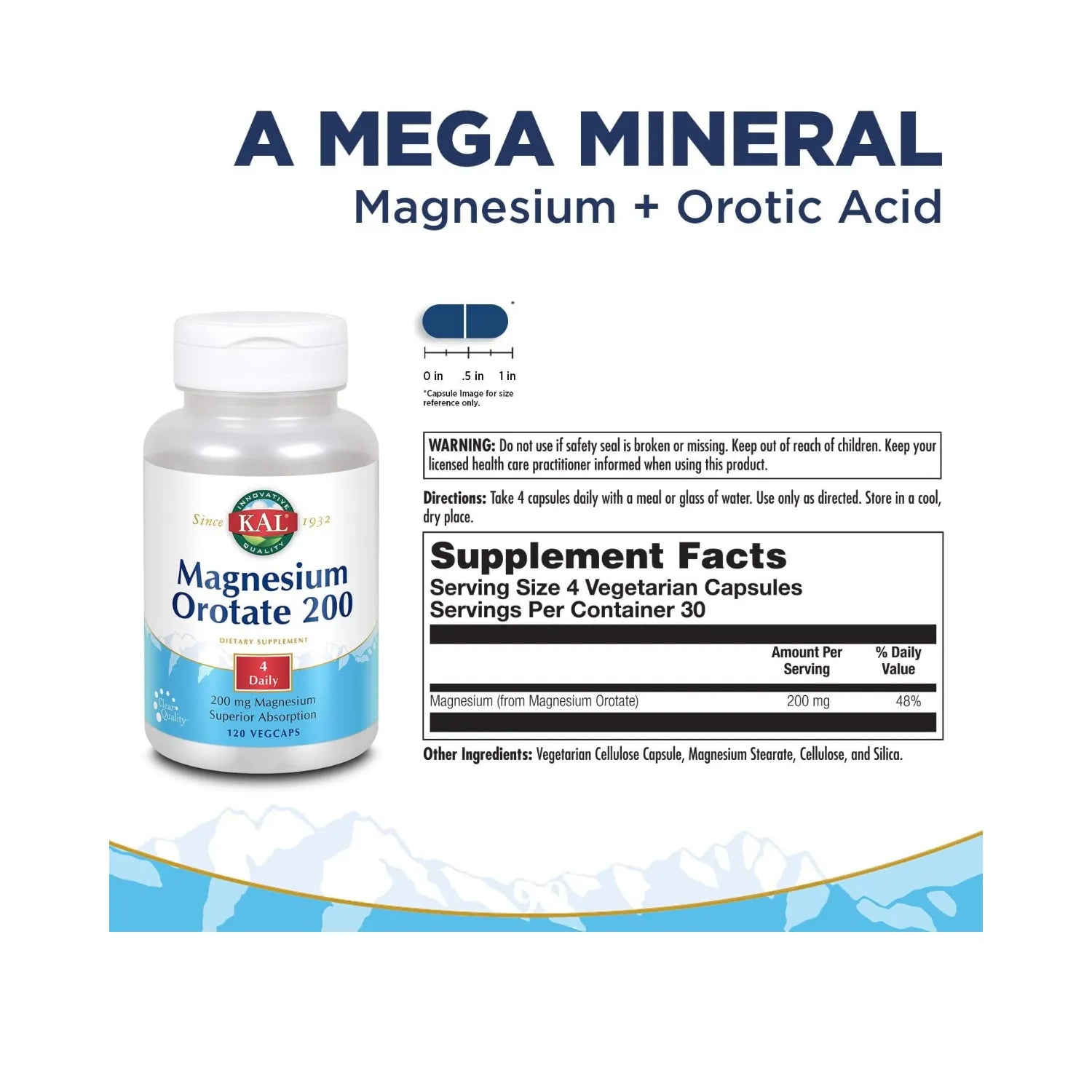 KAL Magnesium Orotate 200 mg | Magnesio para Apoyo Muscular, Nervioso y Óseo | 120 VegCaps