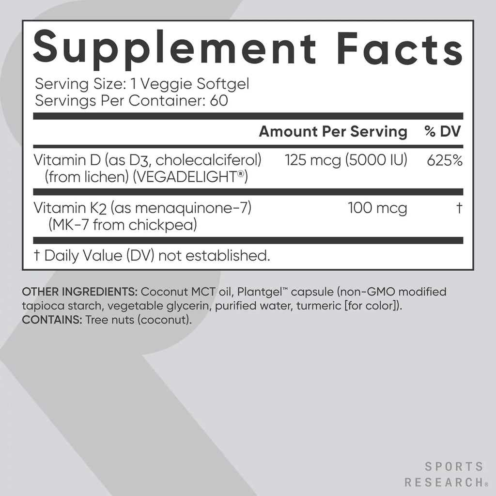 Sports Research Vegan D3 125mcg (5000iu) + Vitamin K2 100mcg (60 veggie softgels)