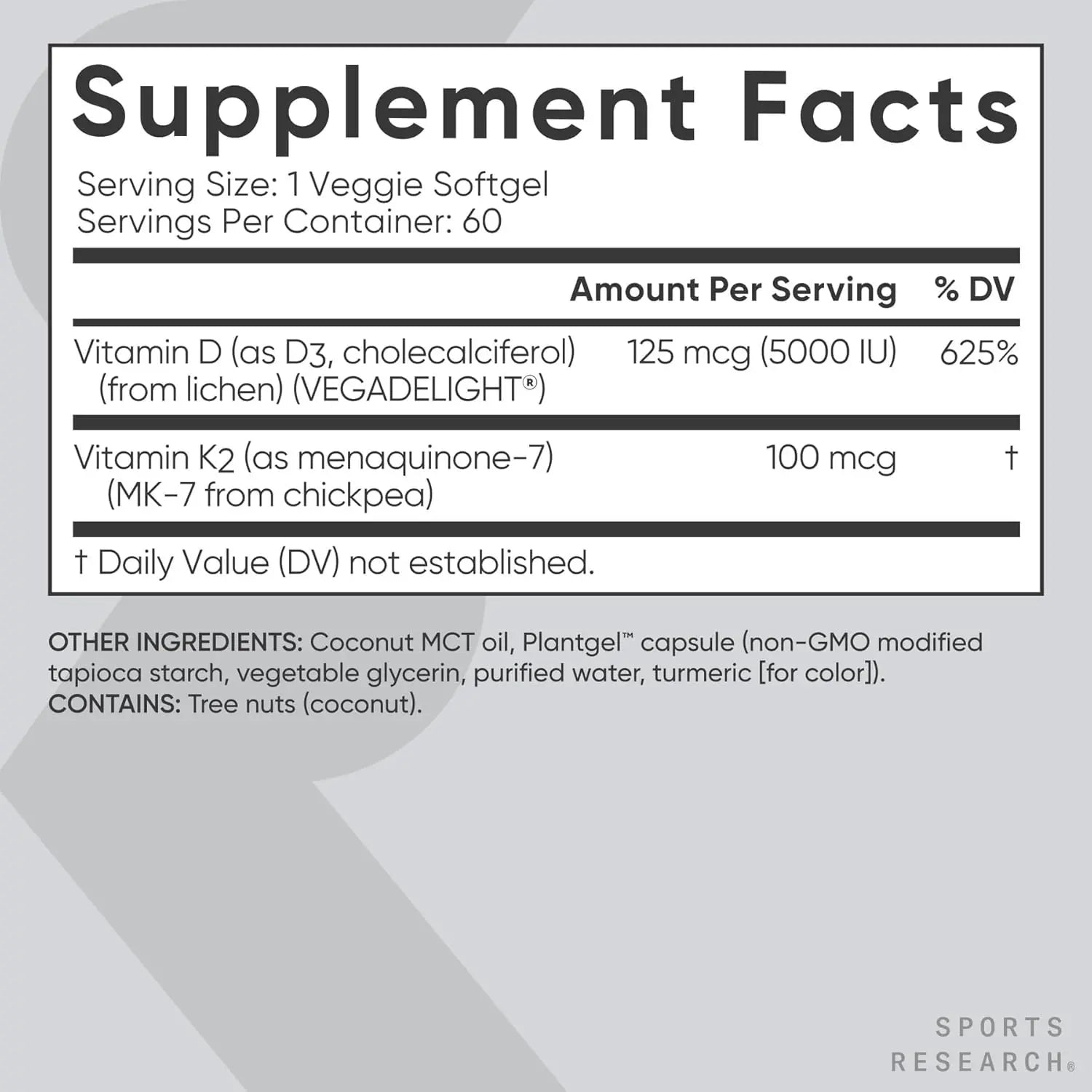 Sports Research Vegan D3 125mcg (5000iu) + Vitamin K2 100mcg (60 veggie softgels)