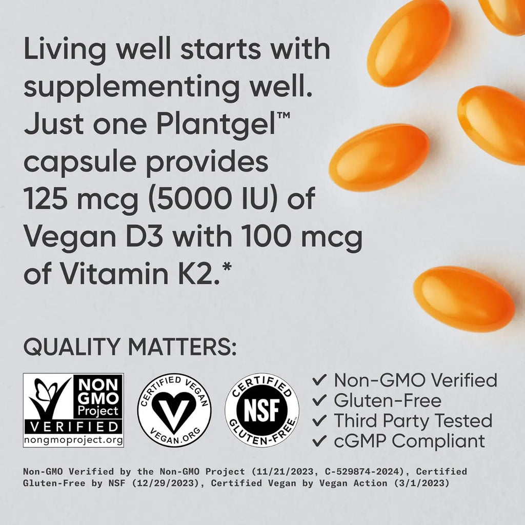 Sports Research Vegan D3 125mcg (5000iu) + Vitamin K2 100mcg (60 veggie softgels)
