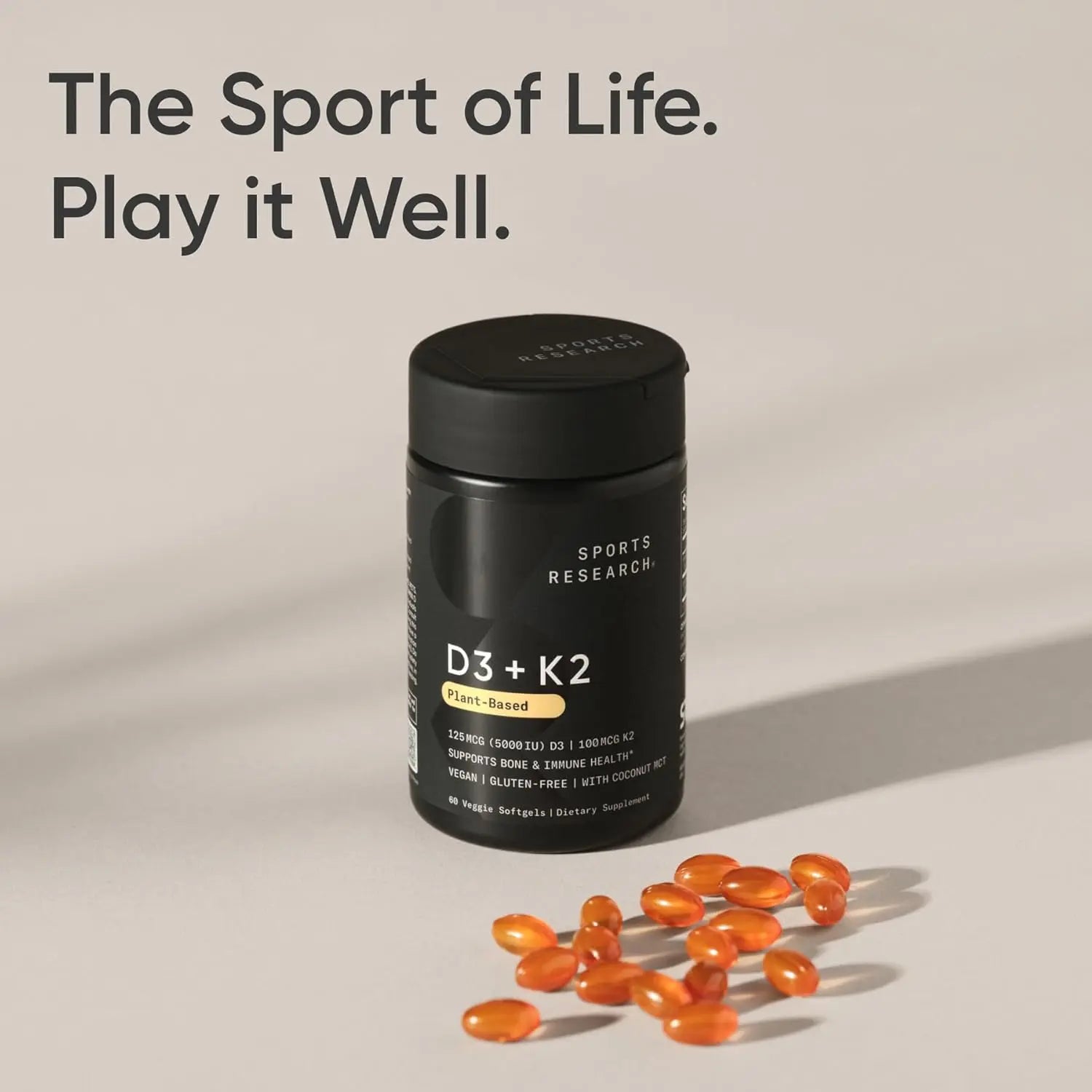 Sports Research Vegan D3 125mcg (5000iu) + Vitamin K2 100mcg (60 veggie softgels)