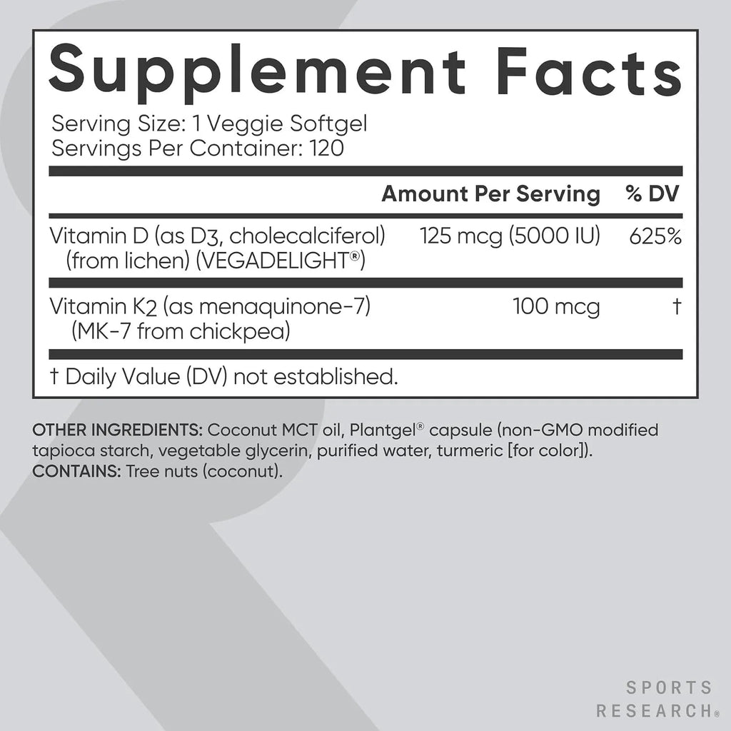 Sports Research® Vitamina D3 + K2 vegana con aceite de coco, 120 cápsulas Plantgels™