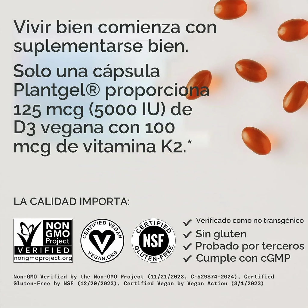 Sports Research® Vitamina D3 + K2 vegana con aceite de coco, 120 cápsulas Plantgels™