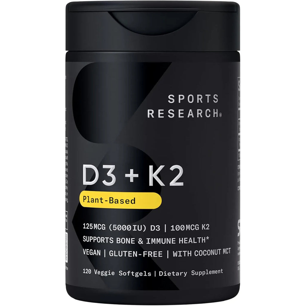 Sports Research® Vitamina D3 + K2 vegana con aceite de coco, 120 cápsulas Plantgels™