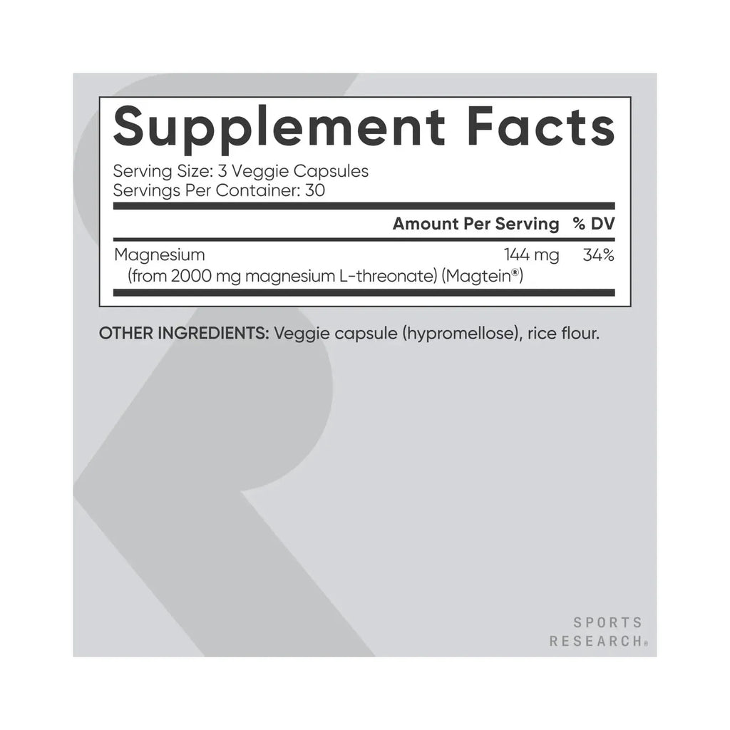 Sports Research Magtein Magnesio L-Treonato 2000 mg, 90 Cápsulas – Apoyo Cognitivo