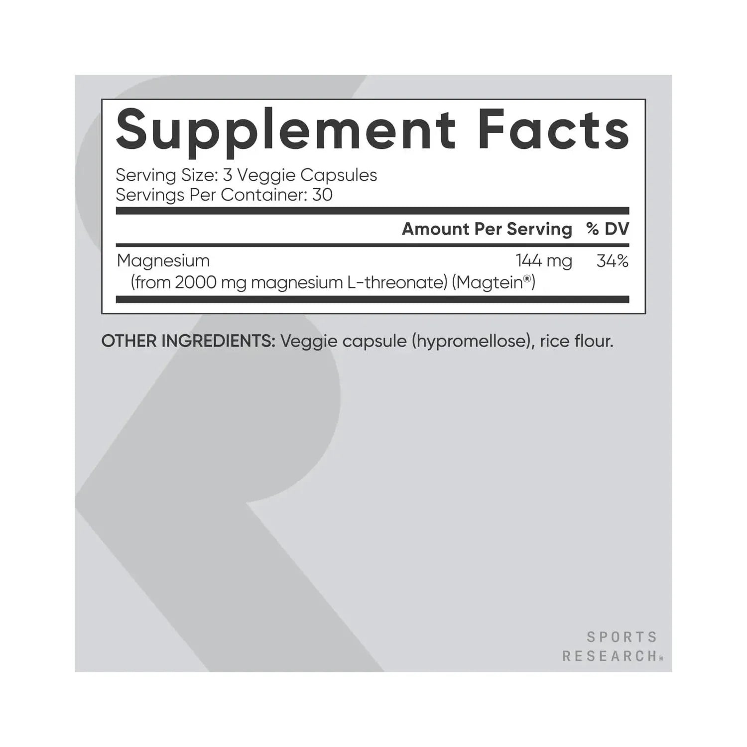 Sports Research Magtein Magnesio L-Treonato 2000 mg, 90 Cápsulas – Apoyo Cognitivo