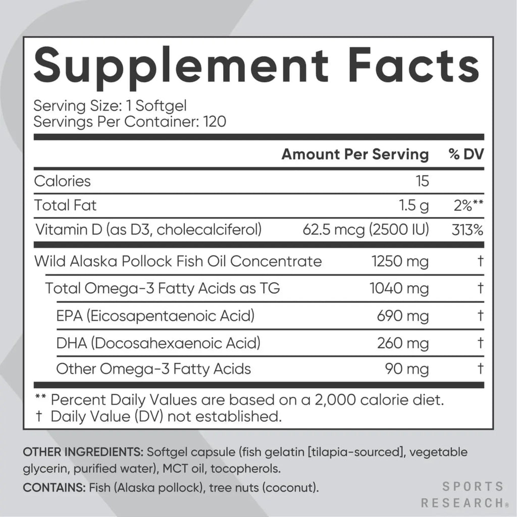 Sports Research Omega-3 Fish Oil AlaskOmega 1250mg + D3 62.5mcg (2500iu) MSC-C-55162 (120 softgels)