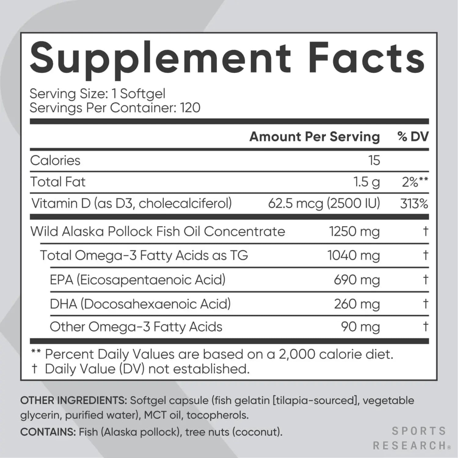 Sports Research Omega-3 Fish Oil AlaskOmega 1250mg + D3 62.5mcg (2500iu) MSC-C-55162 (120 softgels)