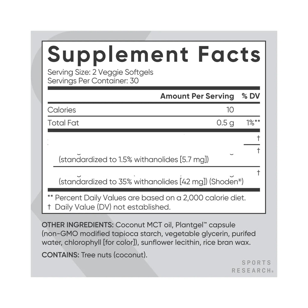 Sports Research Ashwa Shoden® 500 mg para Estrés y Descanso, 60 Cápsulas Vegetales