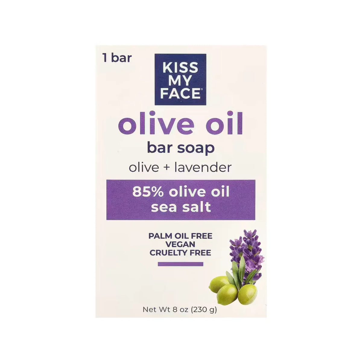 Kiss My Face, Barra de jabón de aceite de oliva, Oliva y lavanda, 230 g (8 oz)