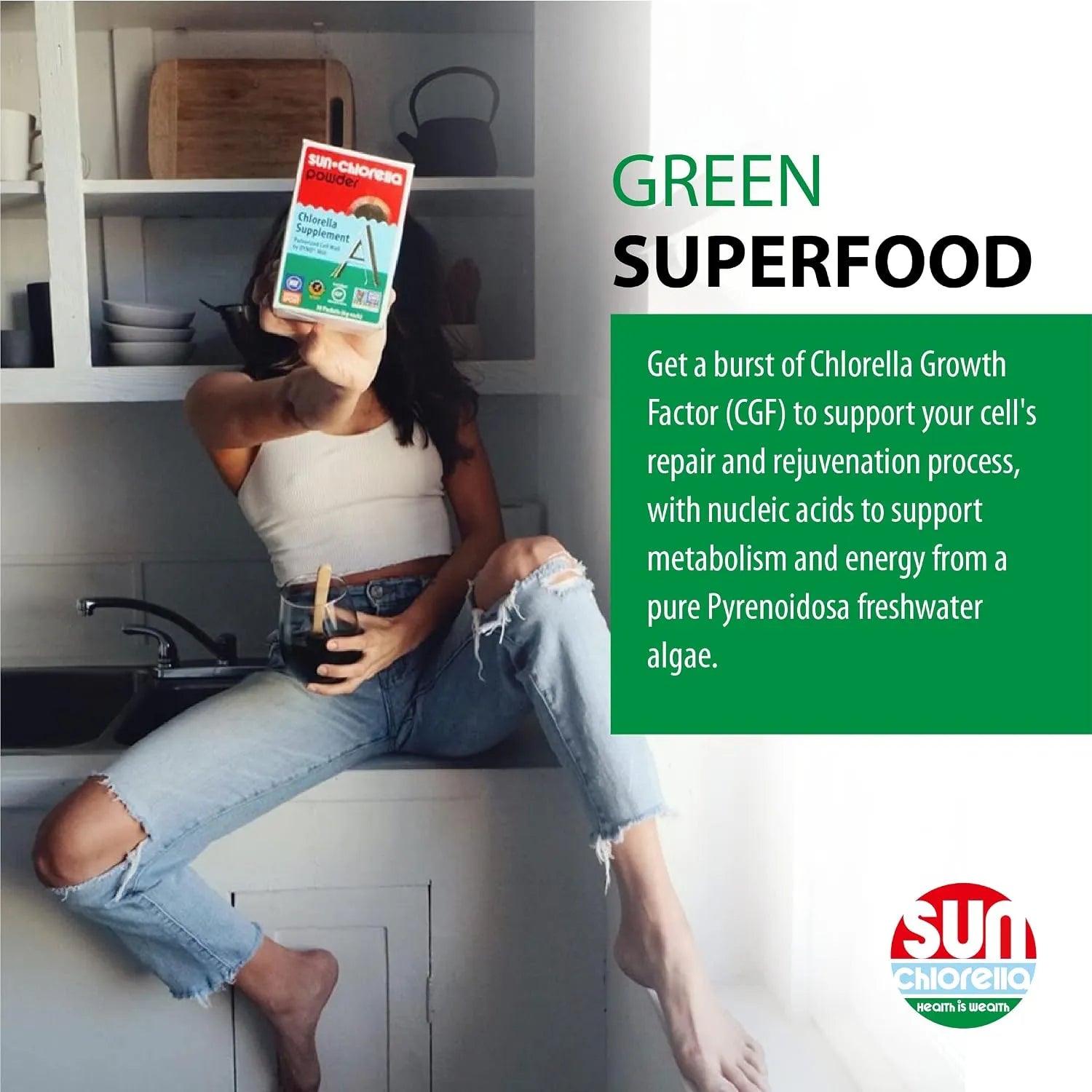 Sun Chlorella caja con 10 Sobres de 6g | 90 %+ de pared celular pulverizada | Vitamina B12 y vitamina D de origen natural | Sin OGM, sin gluten