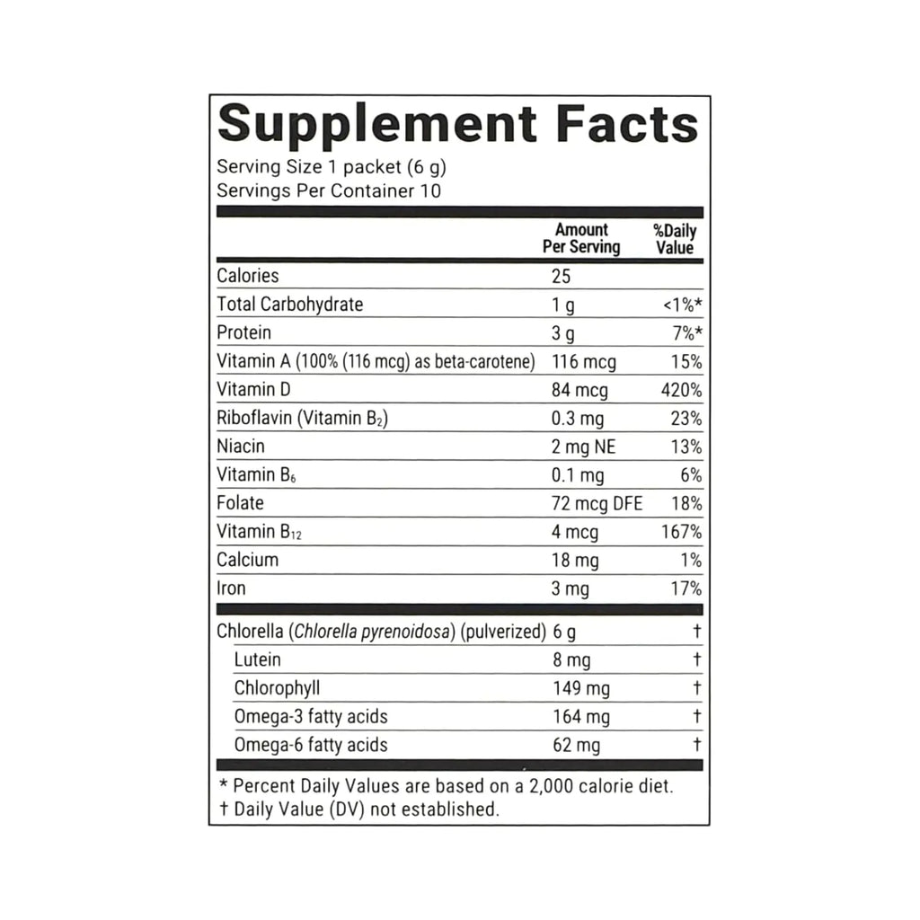 Sun Chlorella caja con 10 Sobres de 6g | 90 %+ de pared celular pulverizada | Vitamina B12 y vitamina D de origen natural | Sin OGM, sin gluten