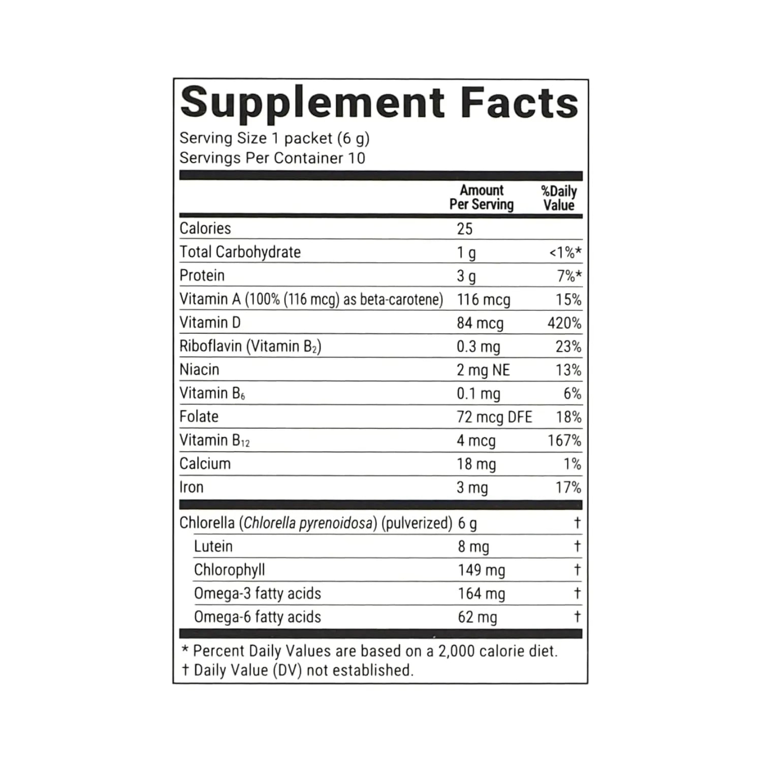 Sun Chlorella caja con 10 Sobres de 6g | 90 %+ de pared celular pulverizada | Vitamina B12 y vitamina D de origen natural | Sin OGM, sin gluten