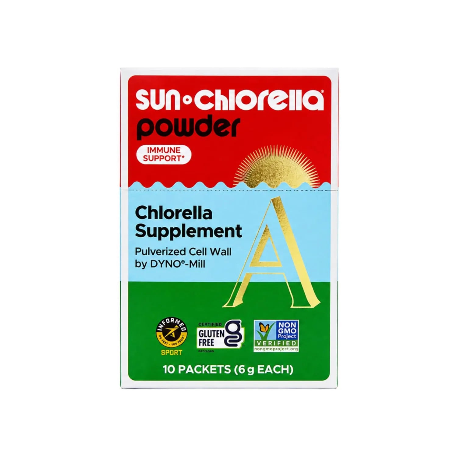 Sun Chlorella caja con 10 Sobres de 6g | 90 %+ de pared celular pulverizada | Vitamina B12 y vitamina D de origen natural | Sin OGM, sin gluten