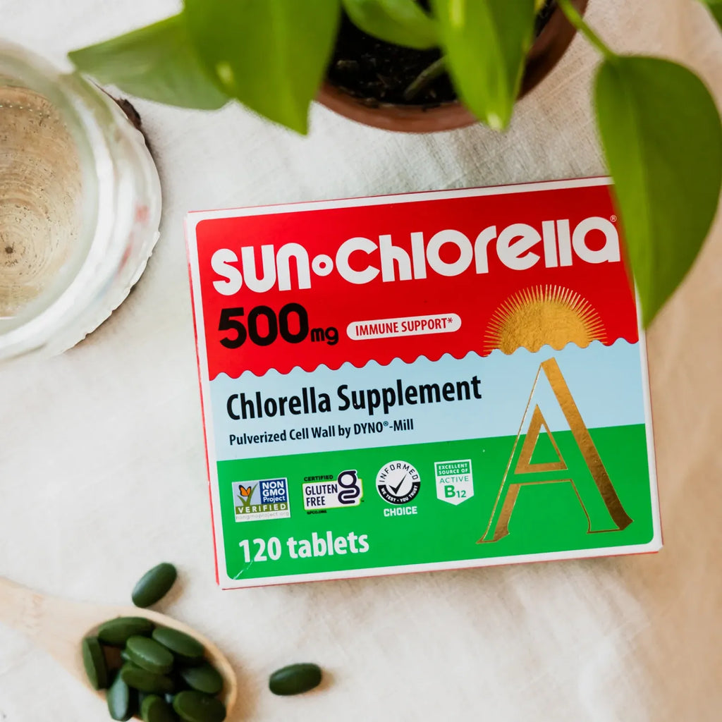 Sun Chlorella 120 Tabletas 500 mg | 90 %+ de pared celular pulverizada | Vitamina B12 y vitamina D de origen natural | Sin OGM, sin gluten