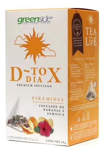 Greenside D-Tox Día | 14 Pirámides | Infusión de Naranja y Jamaica | Bienestar Digestivo | Té Herbal