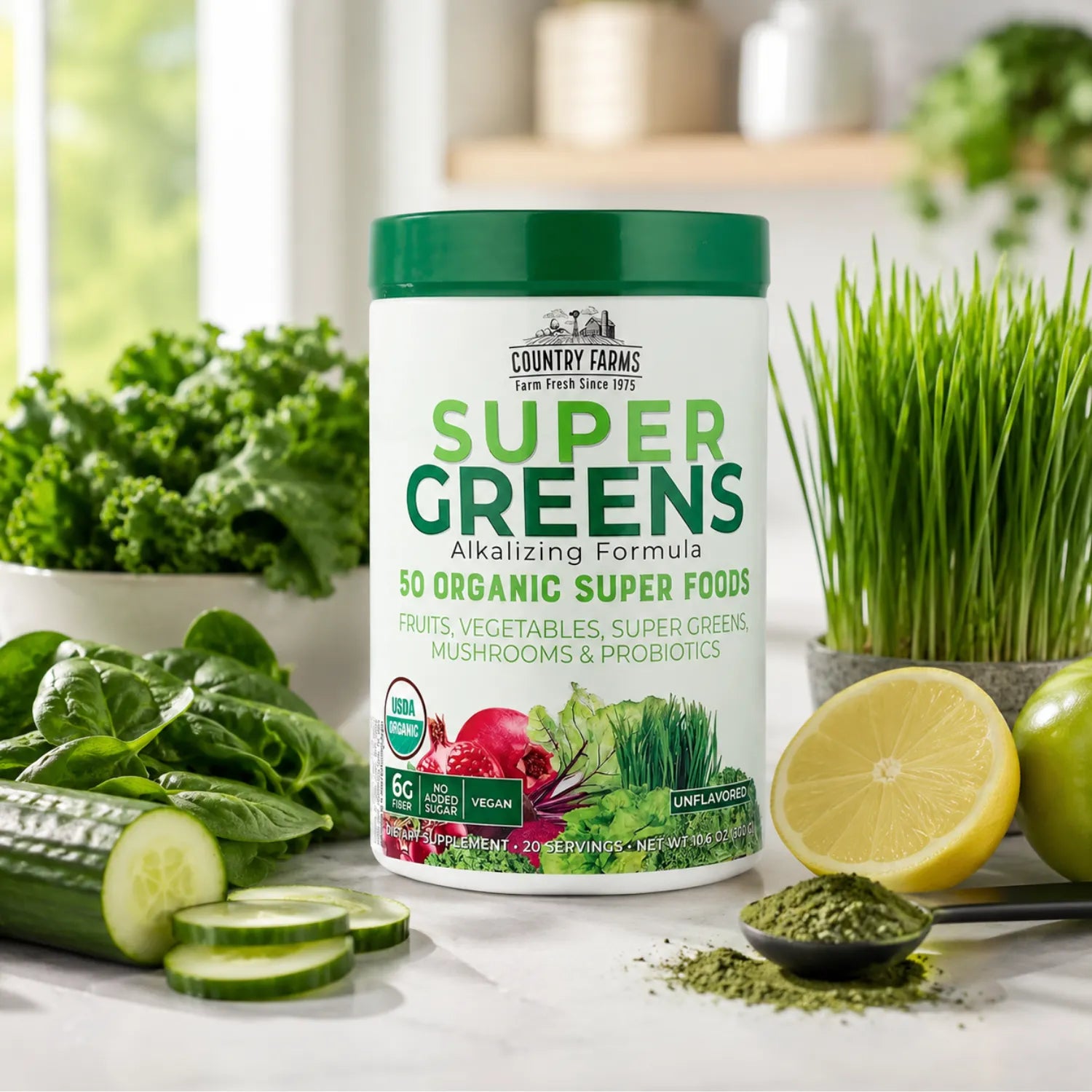 Country Farms Super Greens Fórmula Alcalinizante Sin sabor 300 g (10,6 oz)