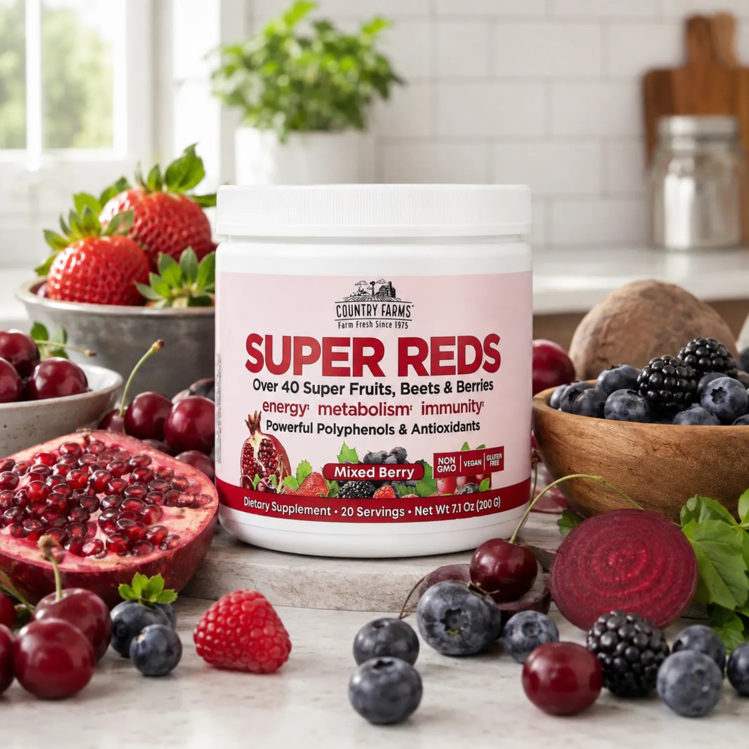 Country Farms, Súper rojos, Superalimento energizante de polifenoles, sabor a baya, 7.1 oz (200 g)