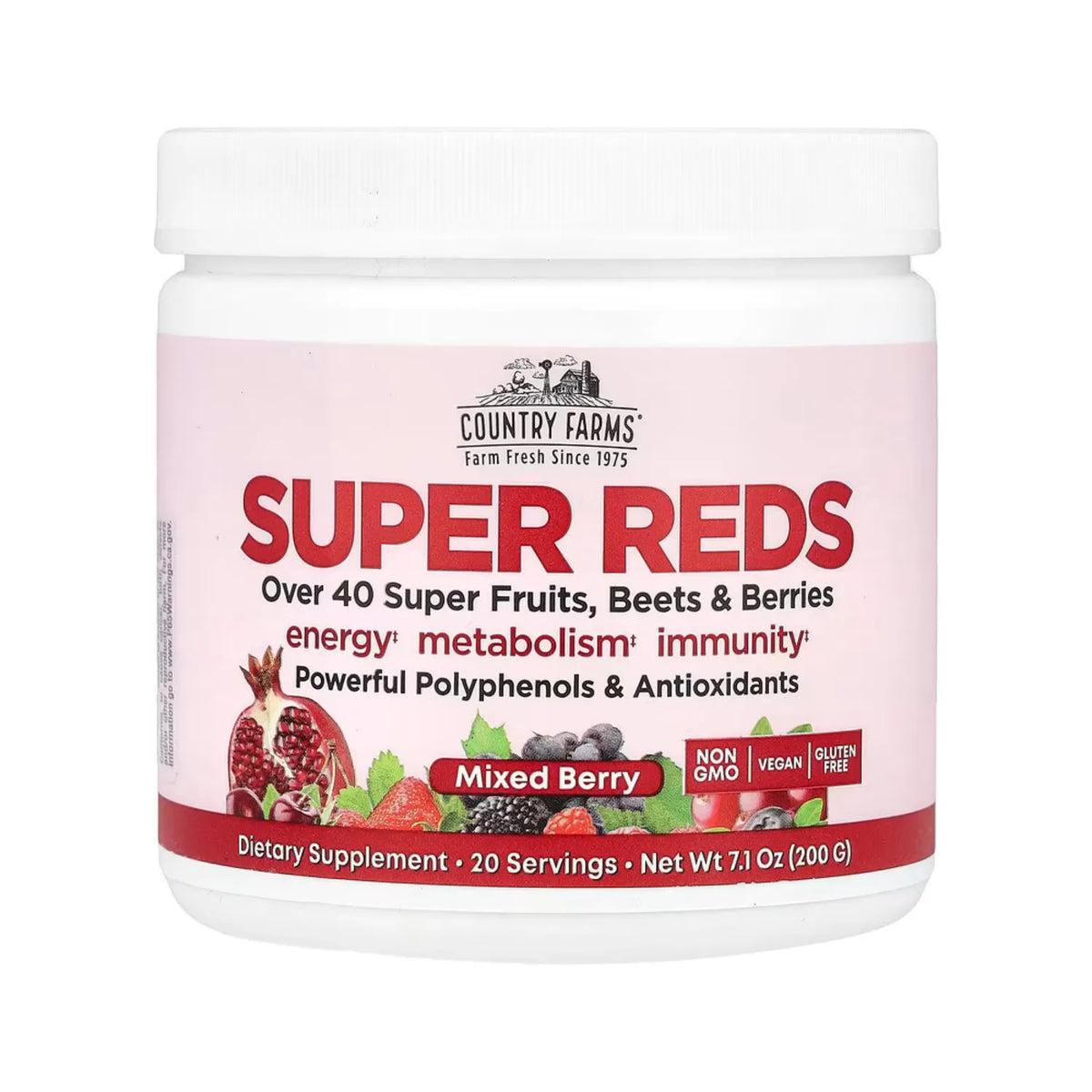 Country Farms, Súper rojos, Superalimento energizante de polifenoles, sabor a baya, 7.1 oz (200 g)